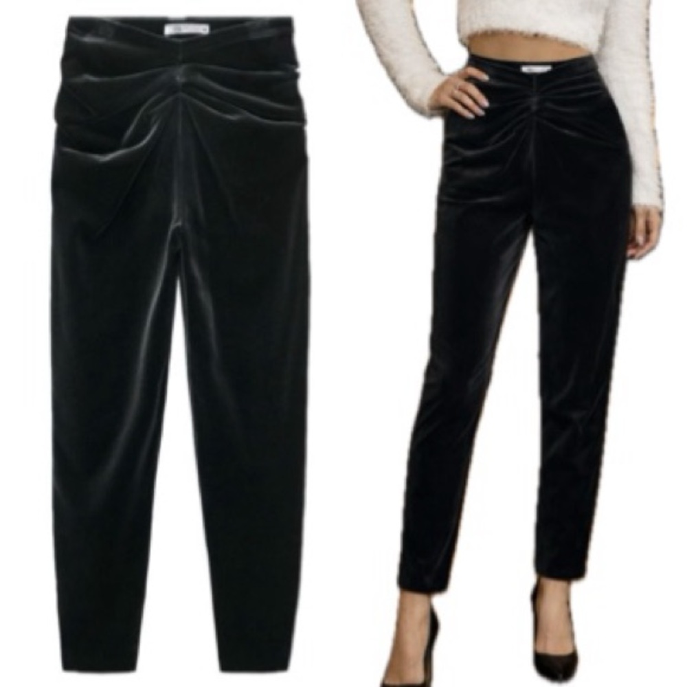 Zara Velvet Pants Womens Size XS Black Ruched Front High Rise Tapered Leg Plush